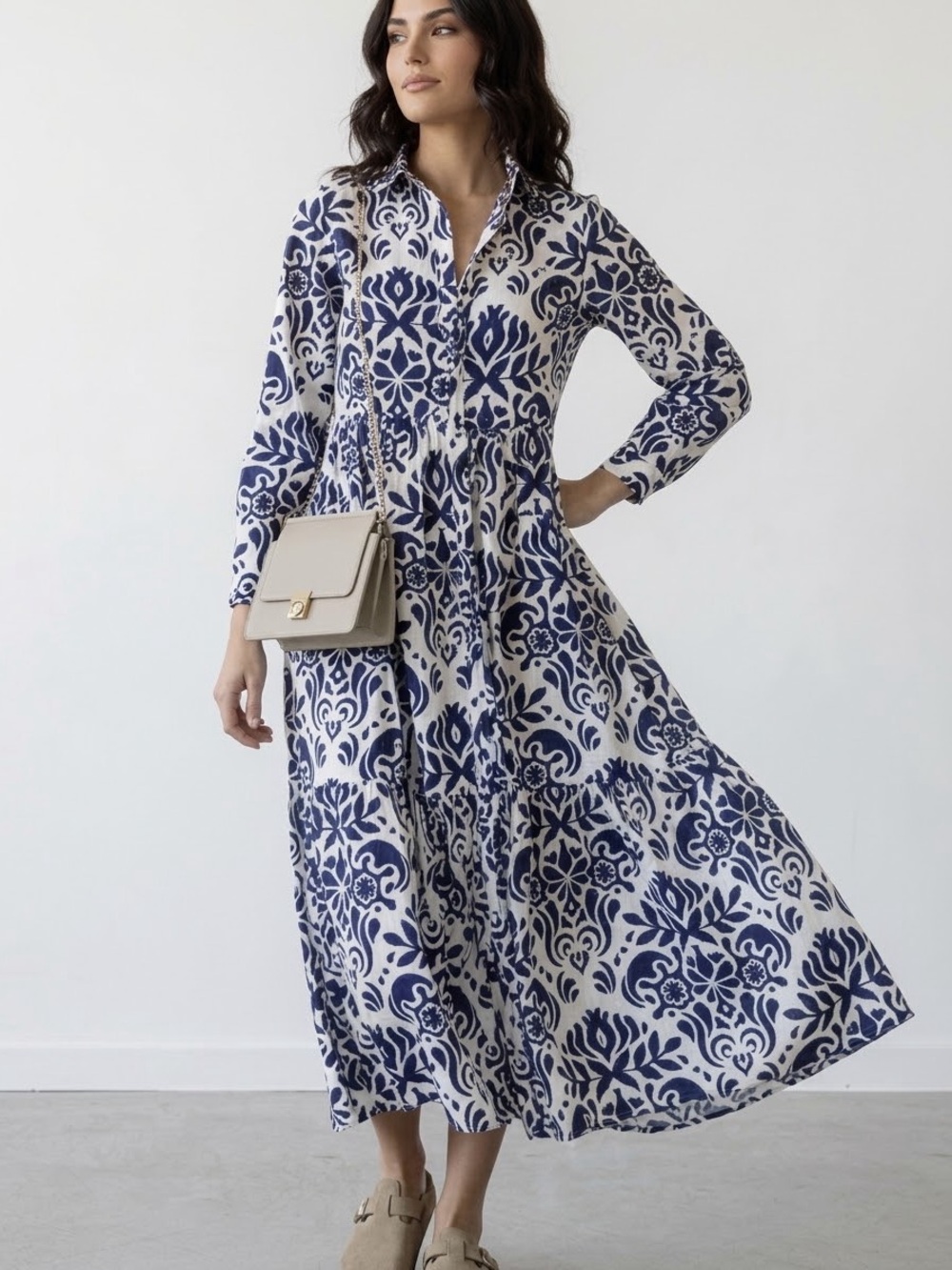 Zara boho coastal blue and white floral damask maxi dress XS